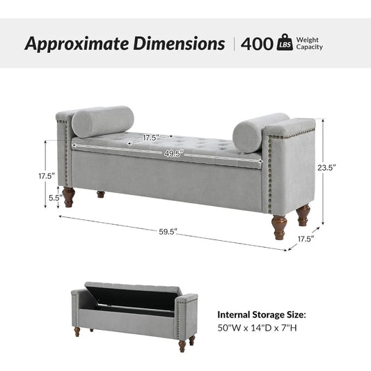King Size Upholstered Storage Bench with Armrests