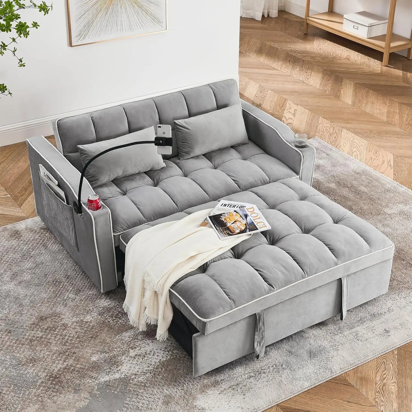 3-in-1 Convertible Velvet Sofa Bed Loveseat