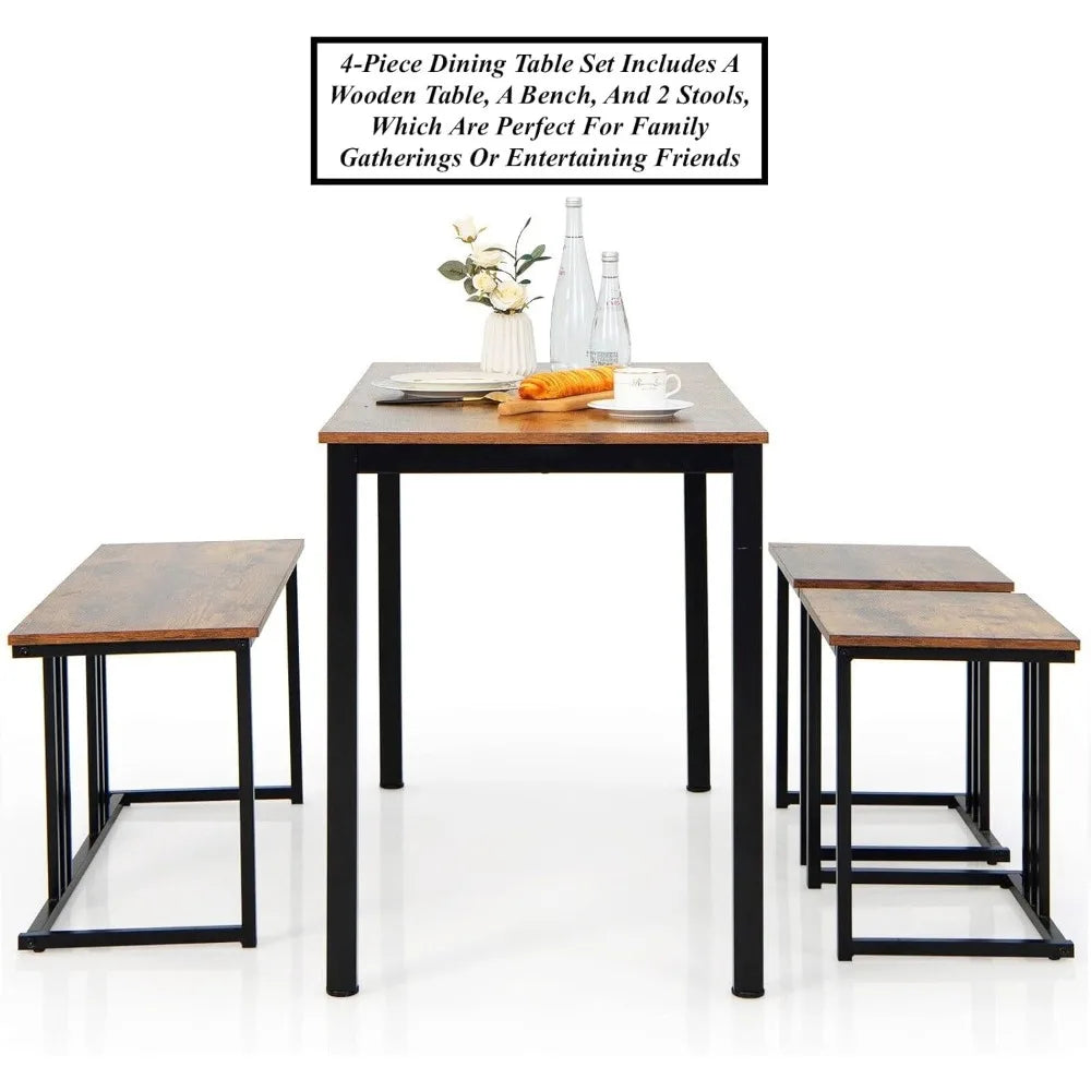 4PCS Kitchen Dining Table Set with Bench & Stools