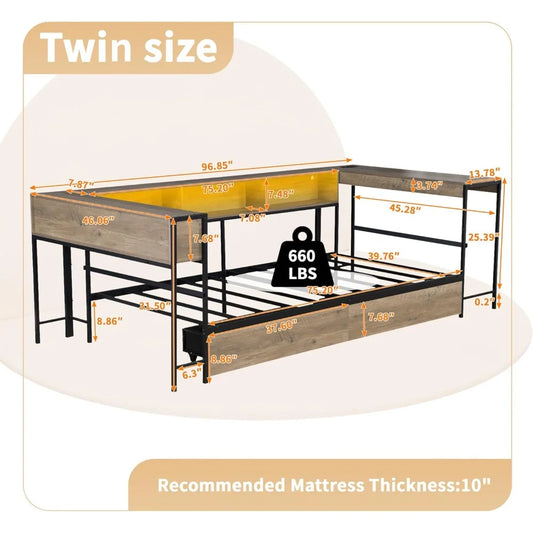 Twin Metal Corner Bed Frame with Storage & LED Lights