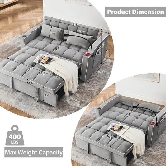 3-in-1 Convertible Velvet Sofa Bed Loveseat