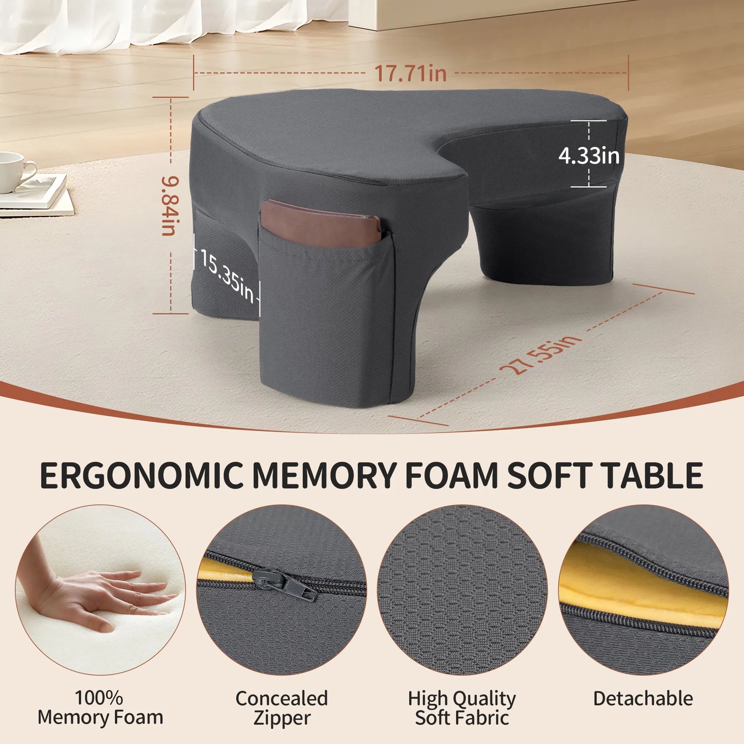 Ergonomic Laptop & Reading Pillow – Memory Foam Armrest (Grey)