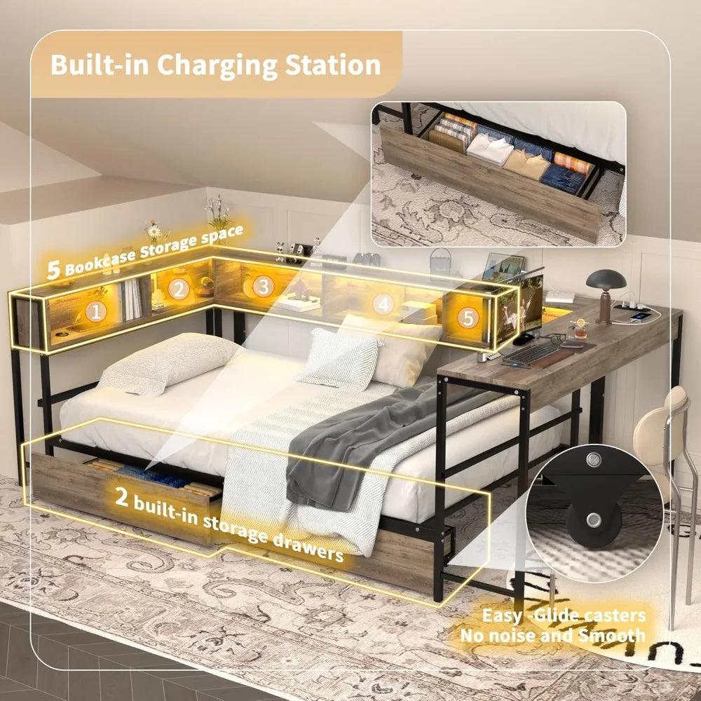 Twin Metal Corner Bed Frame with Storage & LED Lights