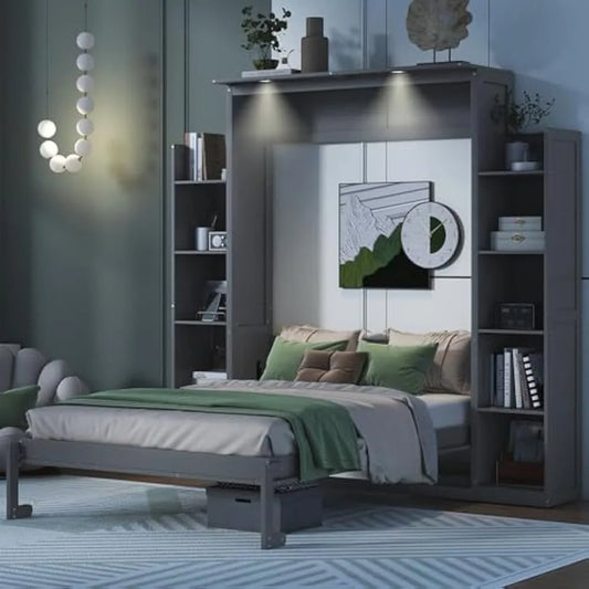 Merax Full Size Gray Murphy Wall Bed with Shelves & LED
