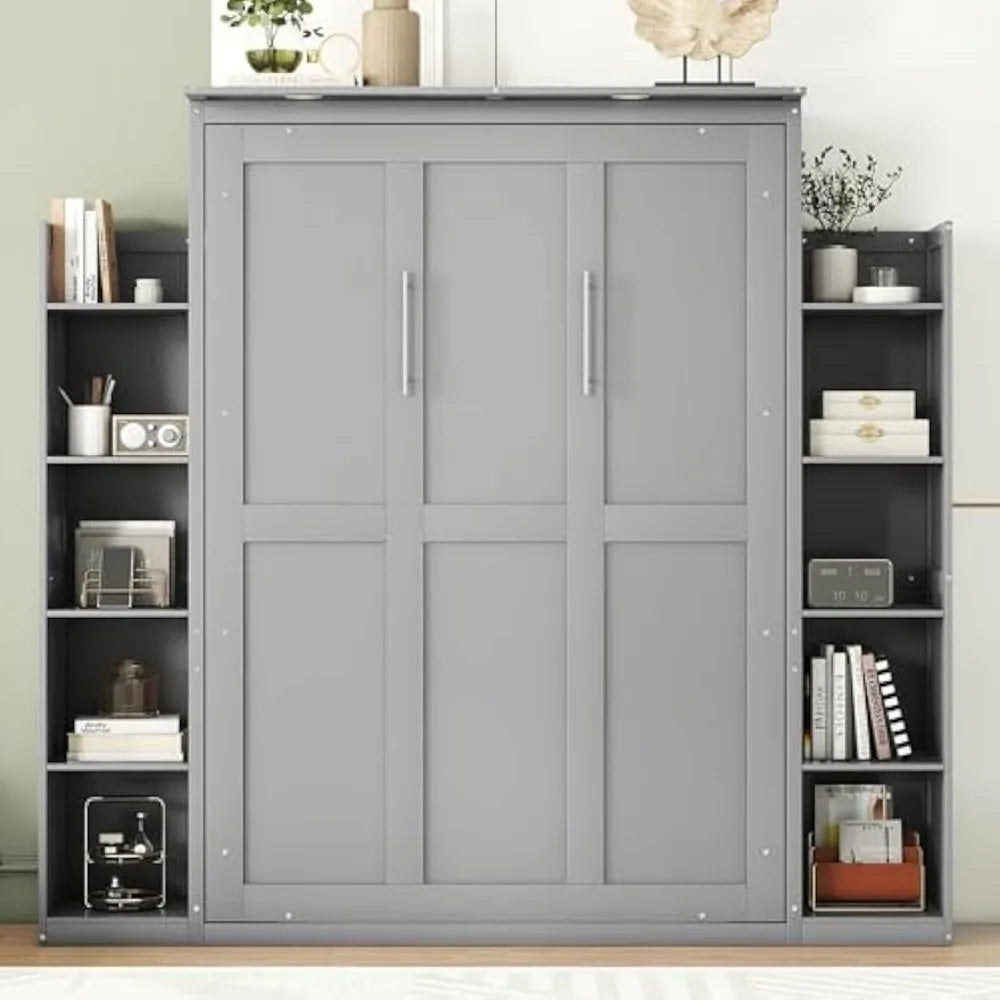 Merax Full Size Gray Murphy Wall Bed with Shelves & LED