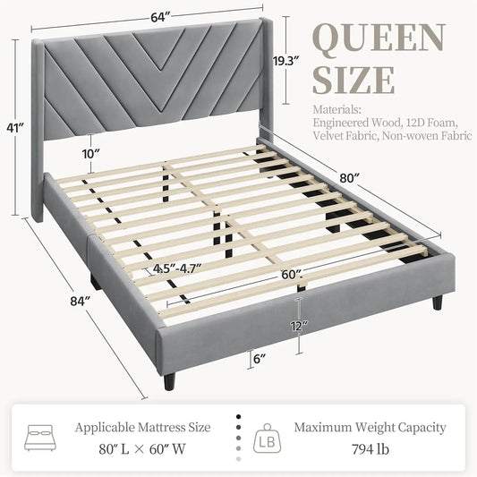 Queen Upholstered Platform Bed with Tufted Headboard & Wooden Slats