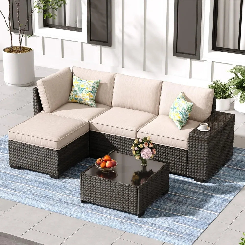 5-Piece Outdoor Wicker Patio Set with Cushions & Glass Table