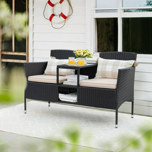 Wicker Patio Loveseat with Built-in Table