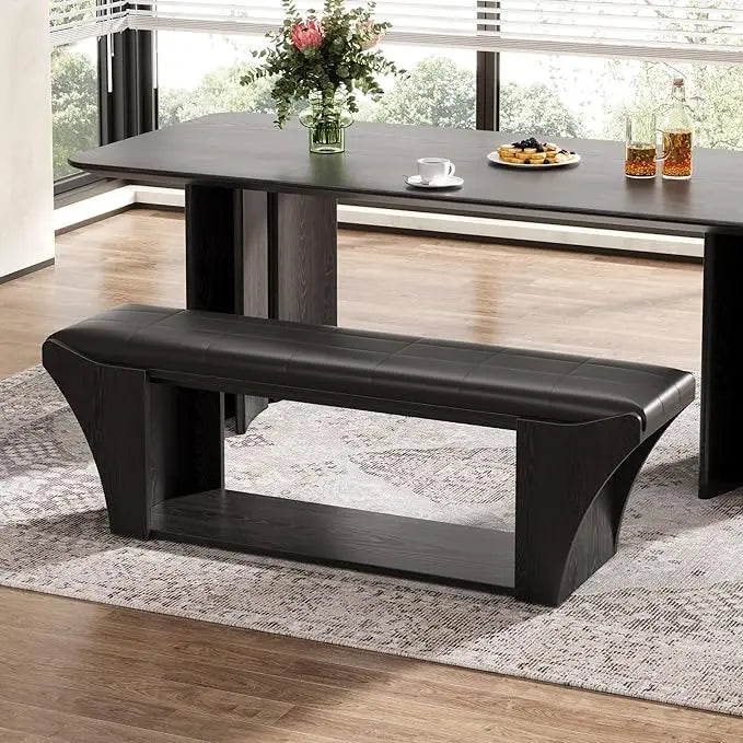Modern Black Upholstered Dining Bench with Storage