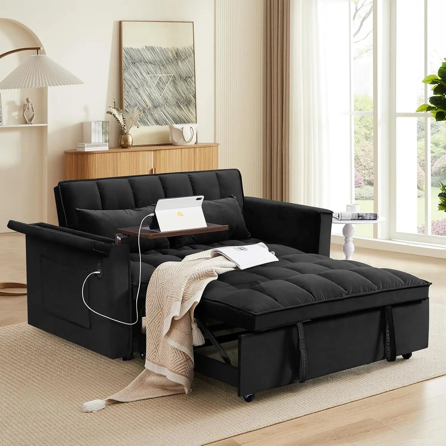 3-in-1 Convertible Velvet Sofa Bed Loveseat