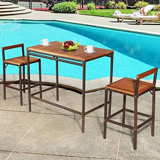 3-Piece Outdoor Rattan Bar Table Set with Chairs