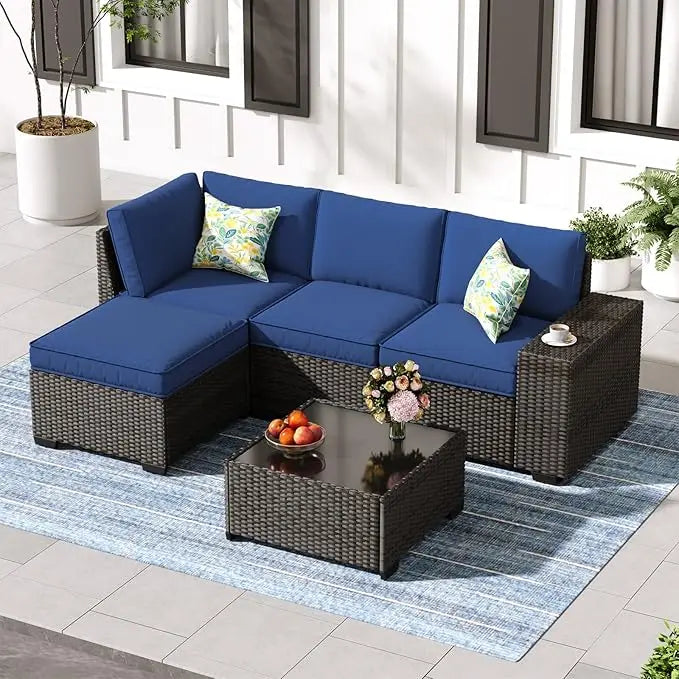 5-Piece Outdoor Wicker Patio Set with Cushions & Glass Table