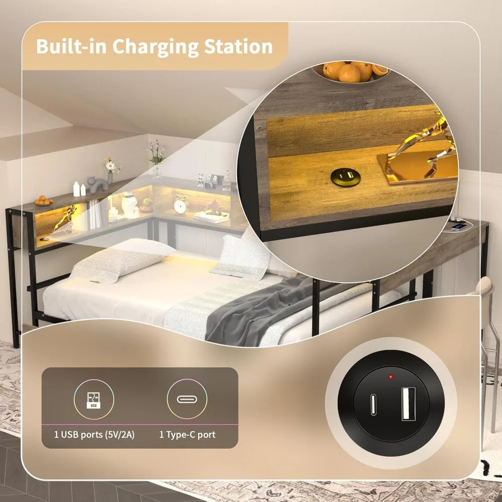 Twin Metal Corner Bed Frame with Storage & LED Lights