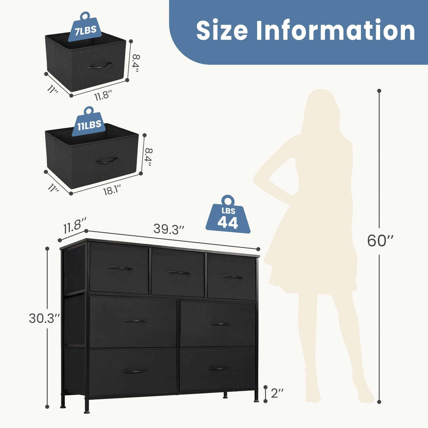 JHK 7-Drawer Fabric Dresser