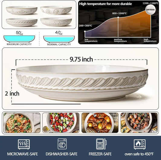 50oz Large White Ceramic Pasta & Salad Bowls – Set of 4