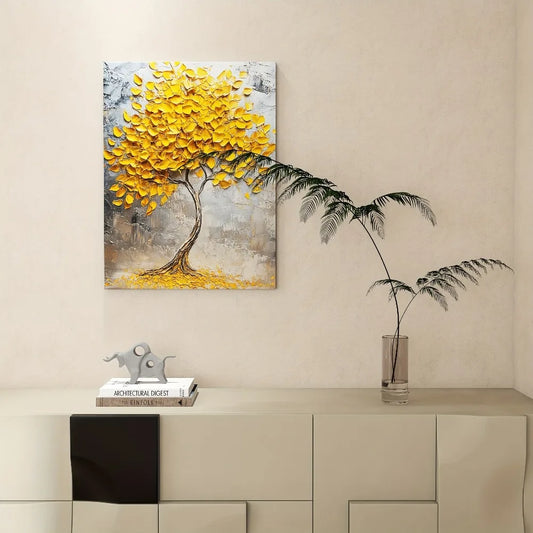 Frameless Gold Abstract Tree Mural on Pine Wood Frame