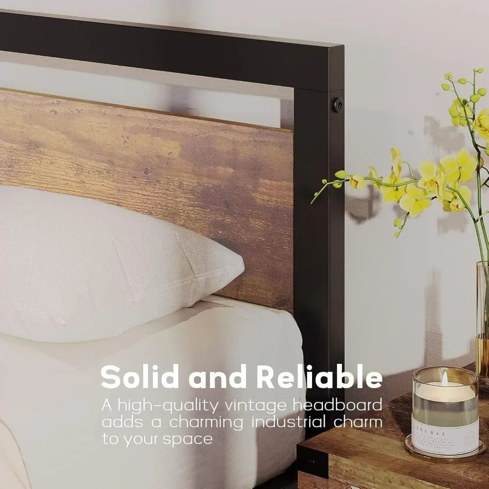 Full Size Metal Bed Frame with Wooden Headboard & Footboard