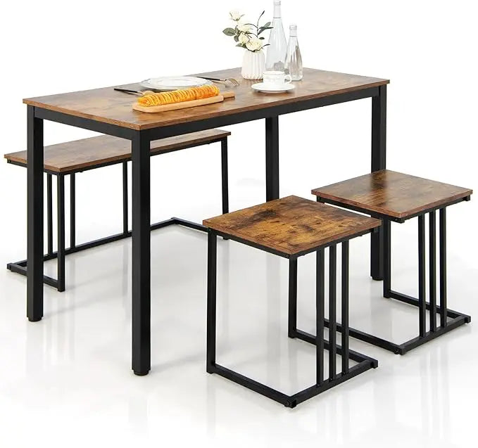 4PCS Kitchen Dining Table Set with Bench & Stools