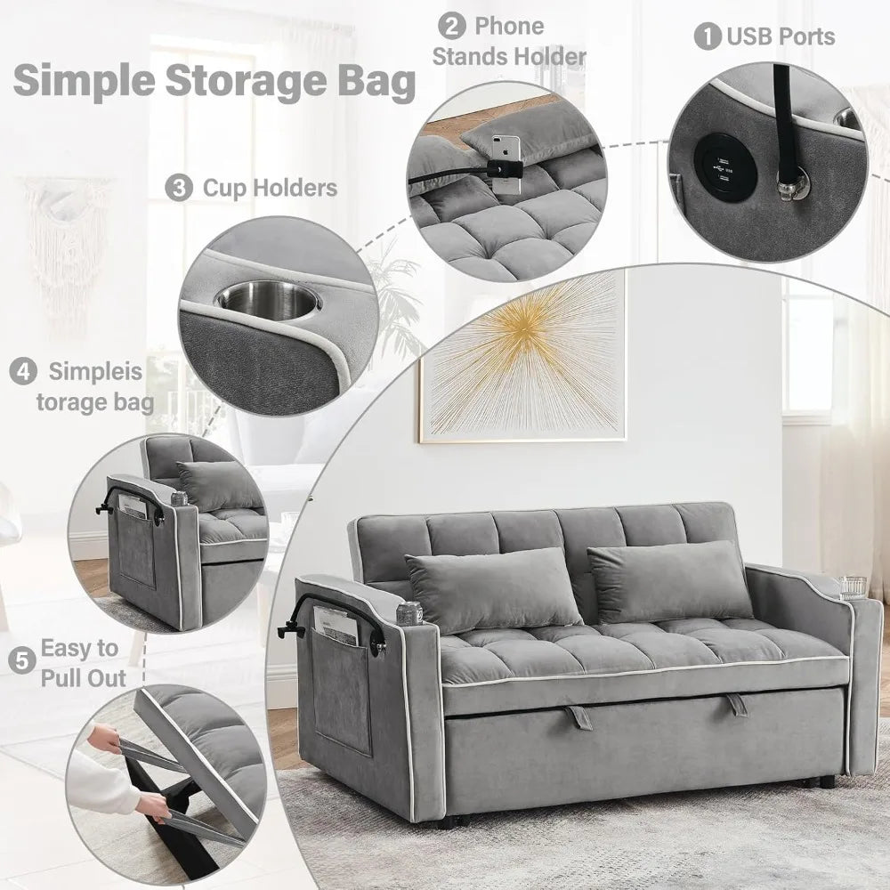 3-in-1 Convertible Velvet Sofa Bed Loveseat