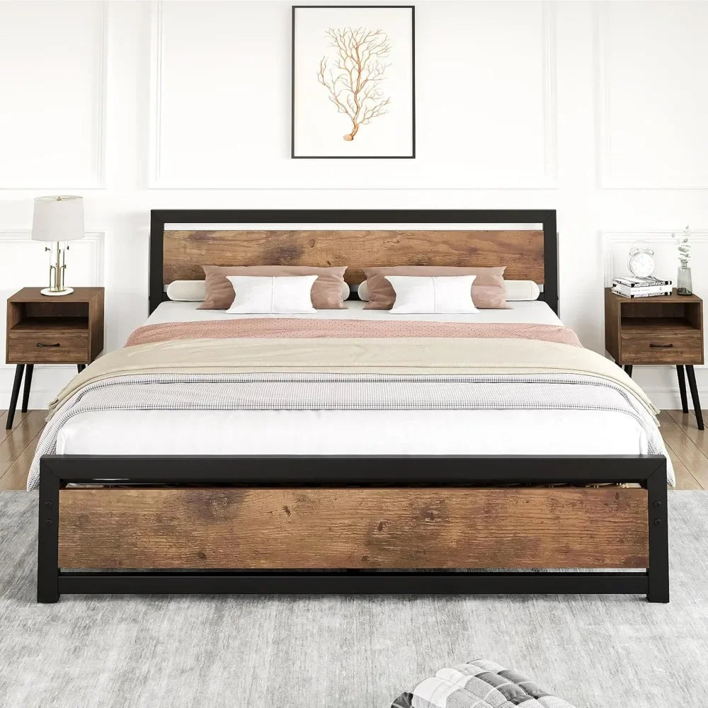 Full Size Metal Bed Frame with Wooden Headboard & Footboard