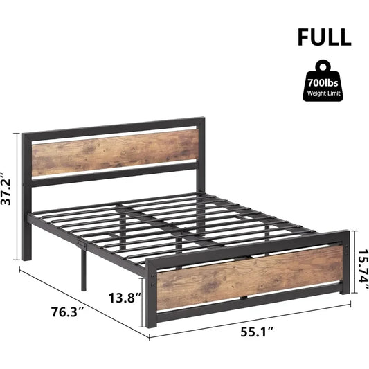 Full Size Metal Bed Frame with Wooden Headboard & Footboard