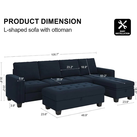 Velvet Convertible Sectional Sofa with Chaise & Ottoman – Blue
