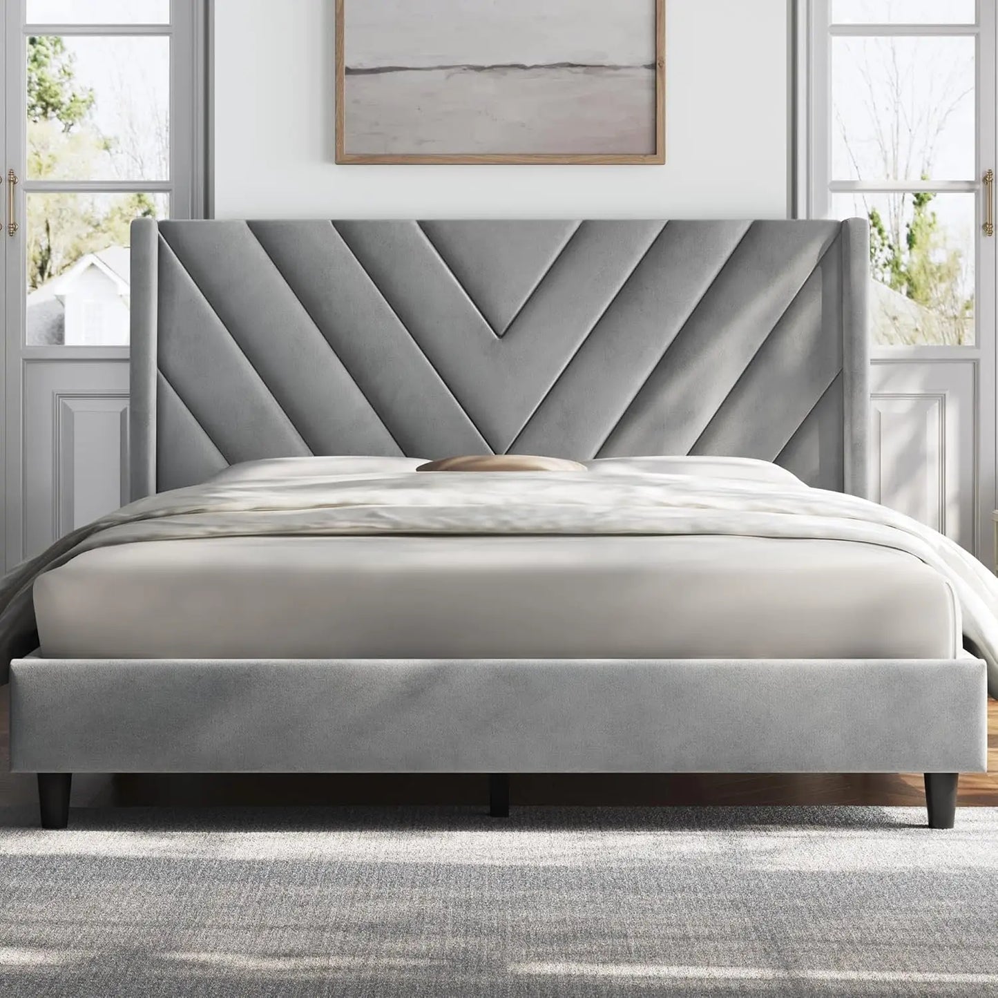 Queen Upholstered Platform Bed with Tufted Headboard & Wooden Slats
