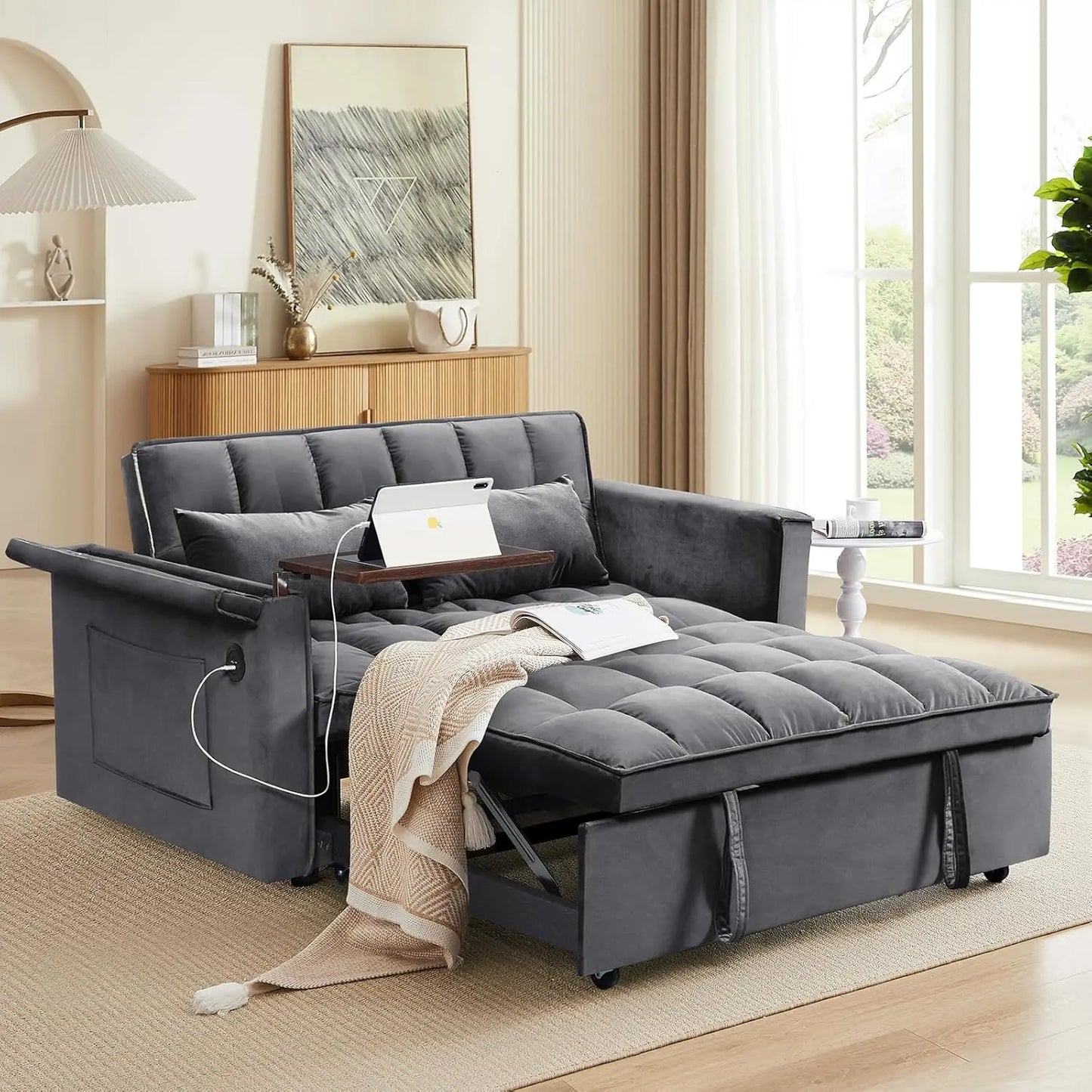3-in-1 Convertible Velvet Sofa Bed Loveseat