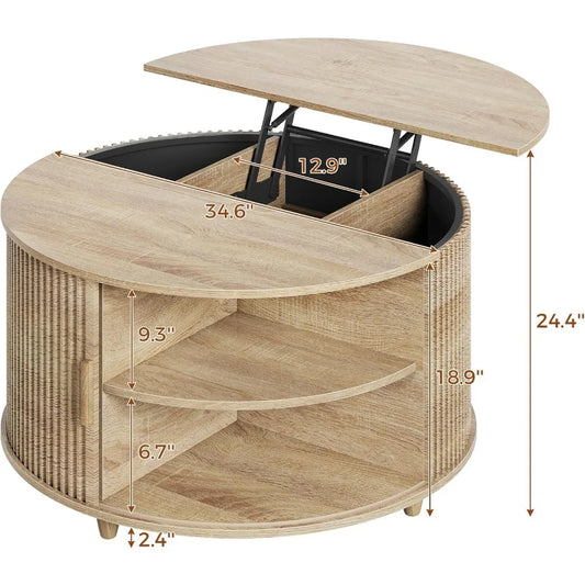 Modern Round Lift-Top Coffee Table with Sliding Door, 34.6"