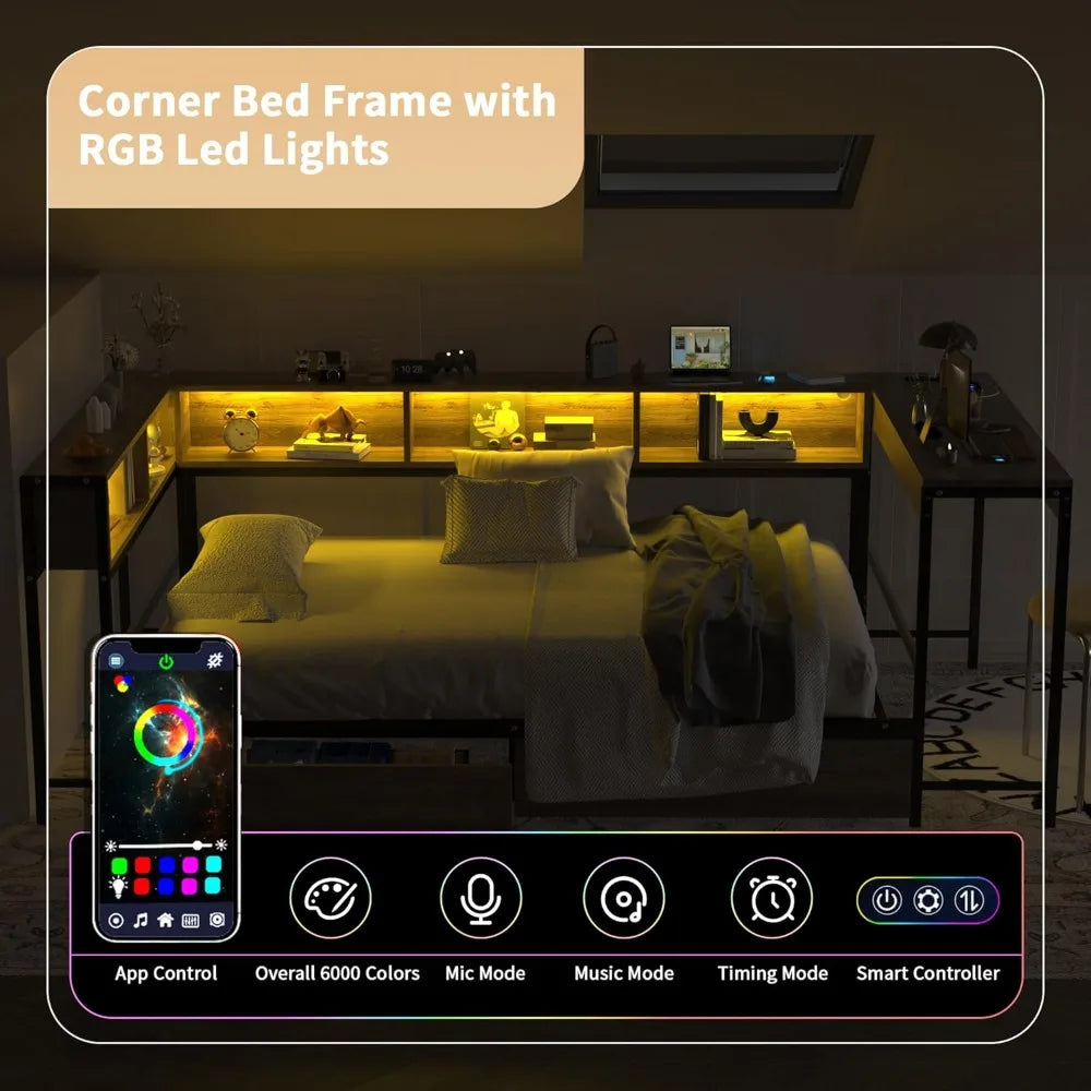 Twin Metal Corner Bed Frame with Storage & LED Lights
