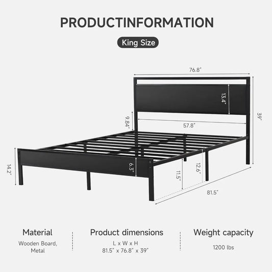 Z-hom King Size Metal Bed Frame with Wood Headboard