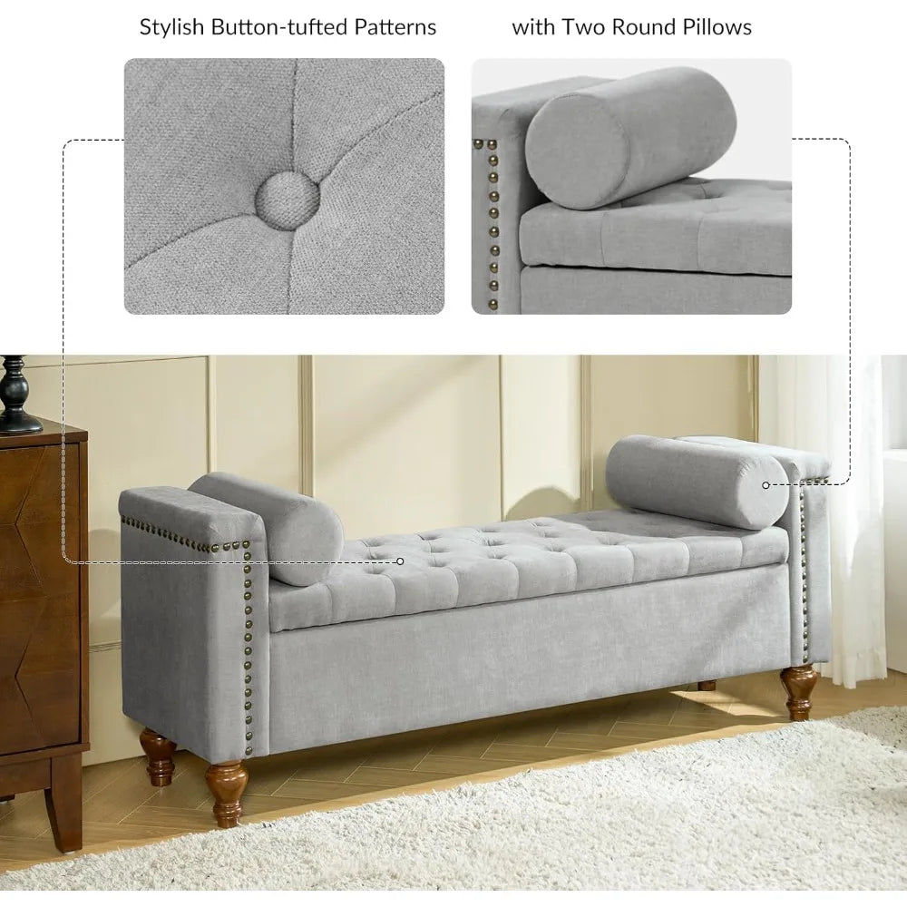 King Size Upholstered Storage Bench with Armrests