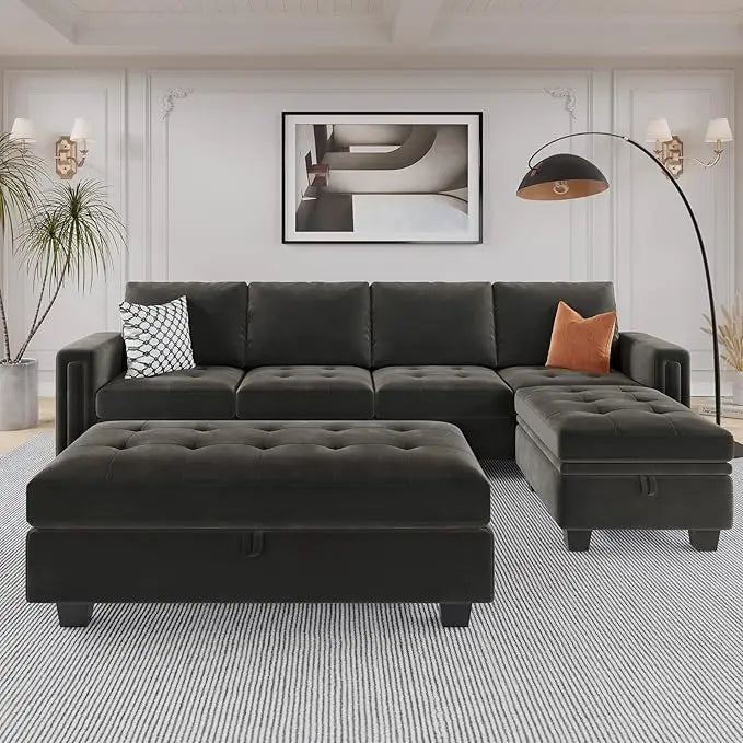 Velvet Convertible Sectional Sofa with Chaise & Ottoman – Blue