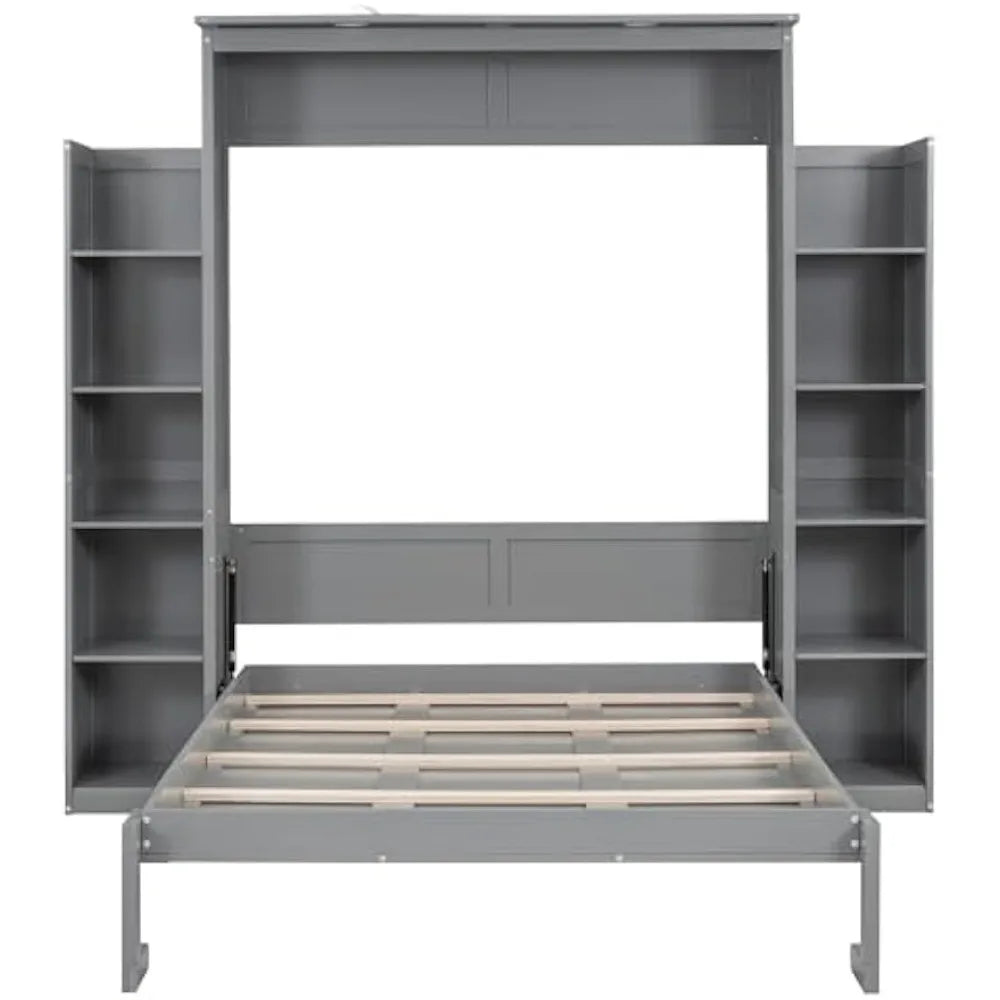 Merax Full Size Gray Murphy Wall Bed with Shelves & LED