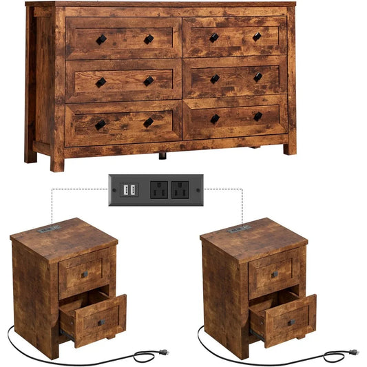 3-Piece Bedroom Dresser & Nightstand Set with Charging Station
