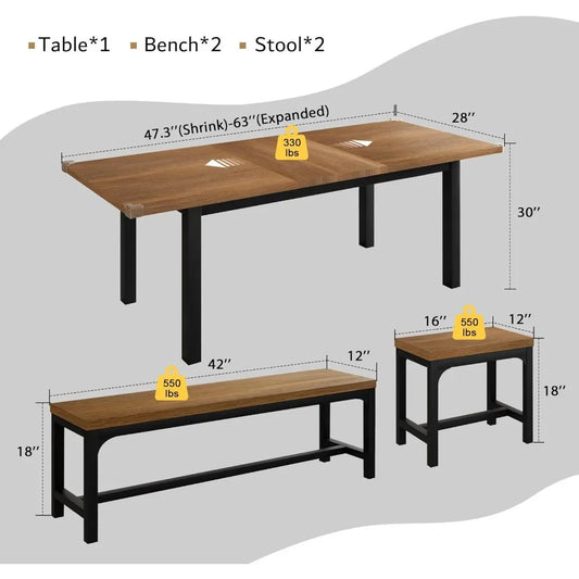 5-Piece Extendable Dining Table Set with Metal Frame