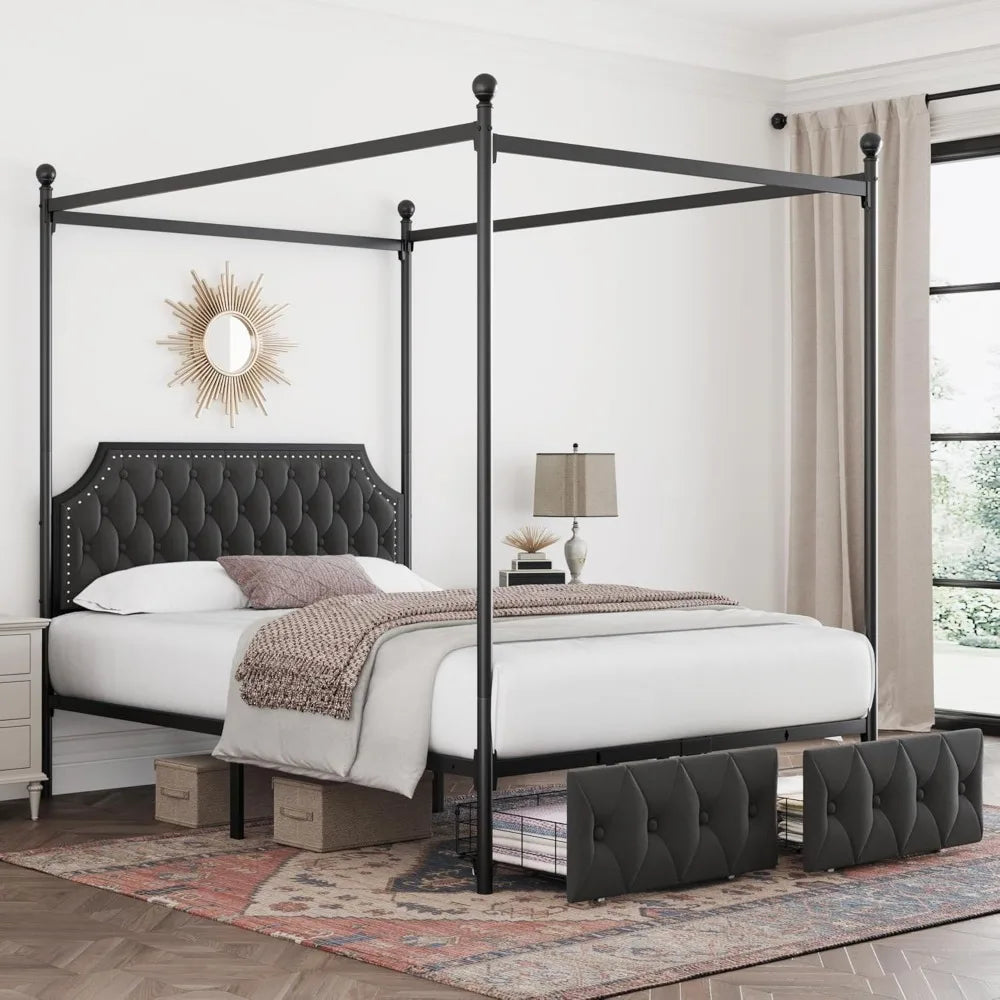 Keyluv Queen Canopy Bed with Drawers & Tufted Headboard