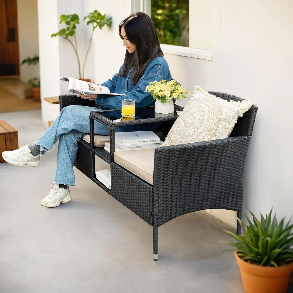 Wicker Patio Loveseat with Built-in Table