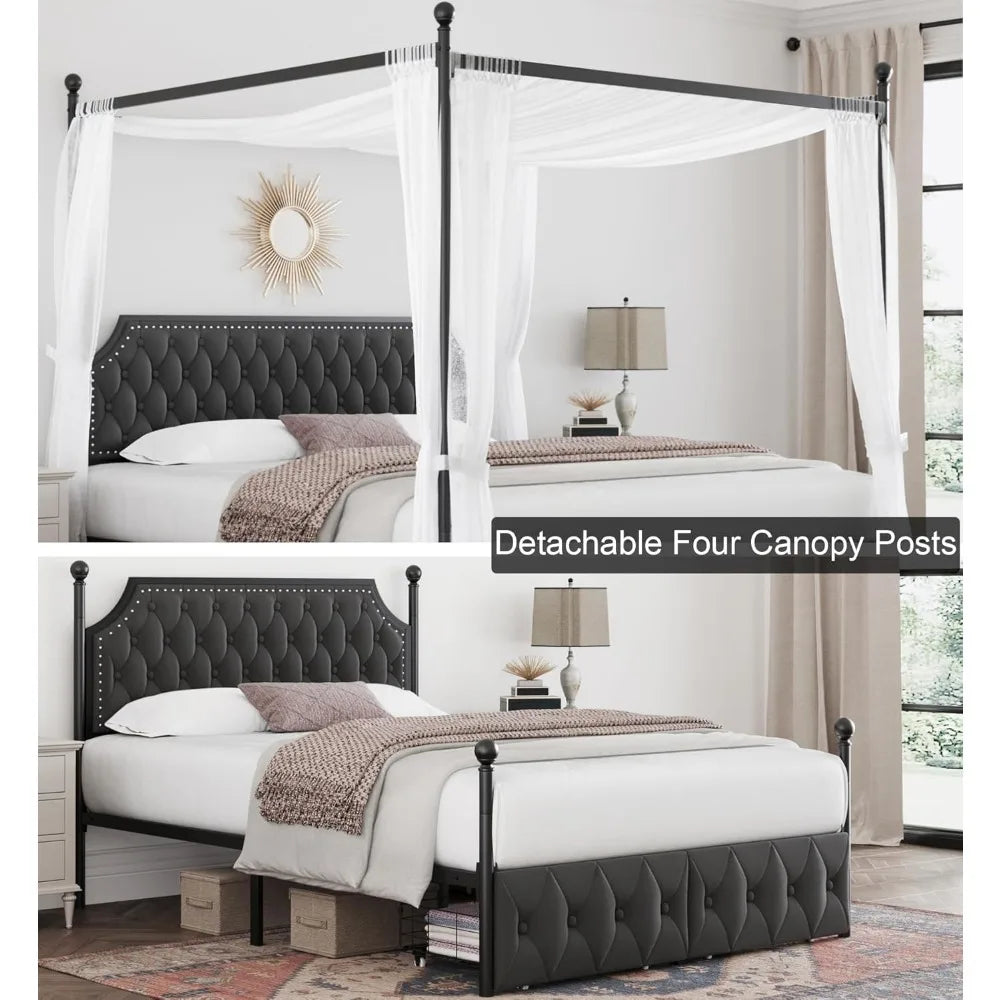 Keyluv Queen Canopy Bed with Drawers & Tufted Headboard