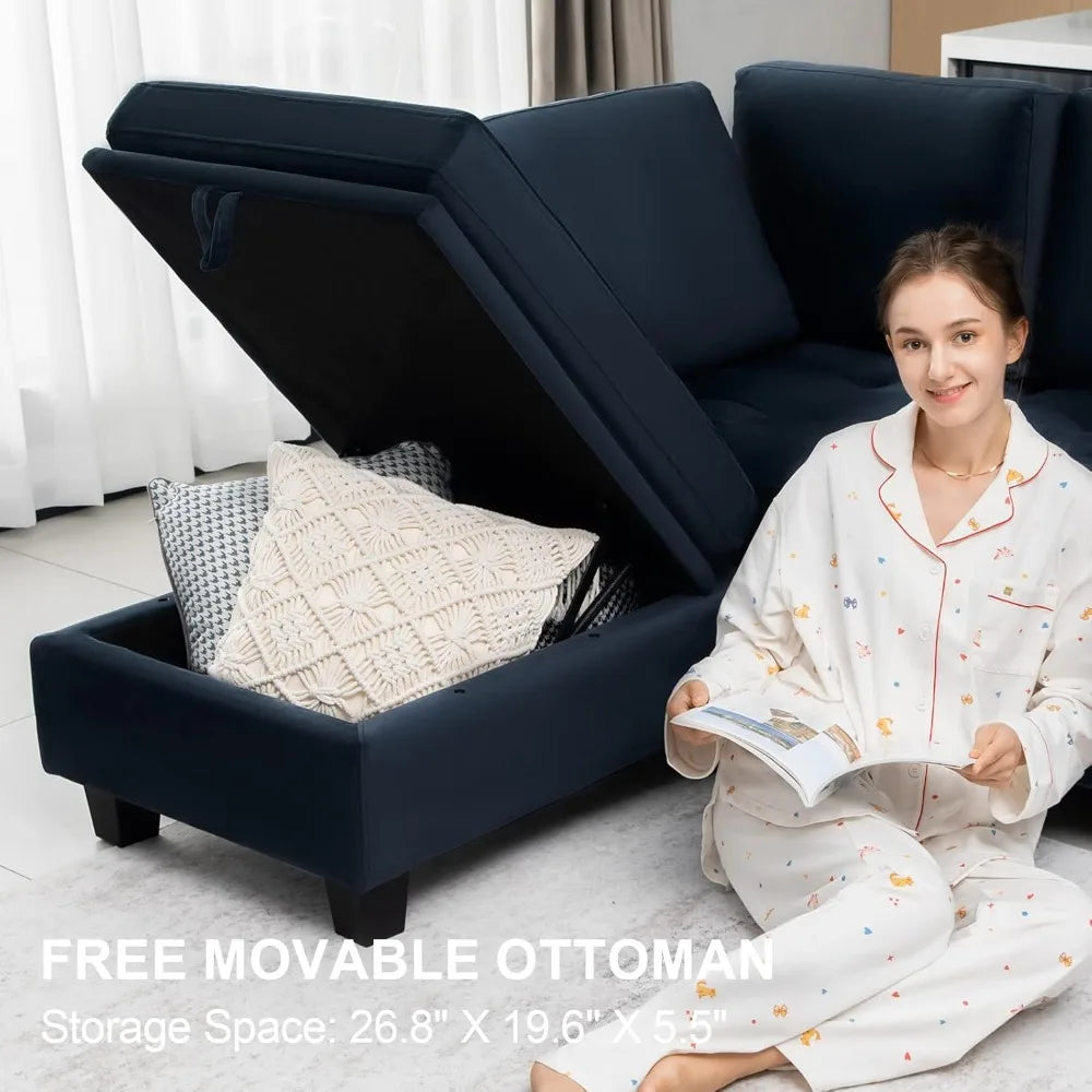 Velvet Convertible Sectional Sofa with Chaise & Ottoman – Blue