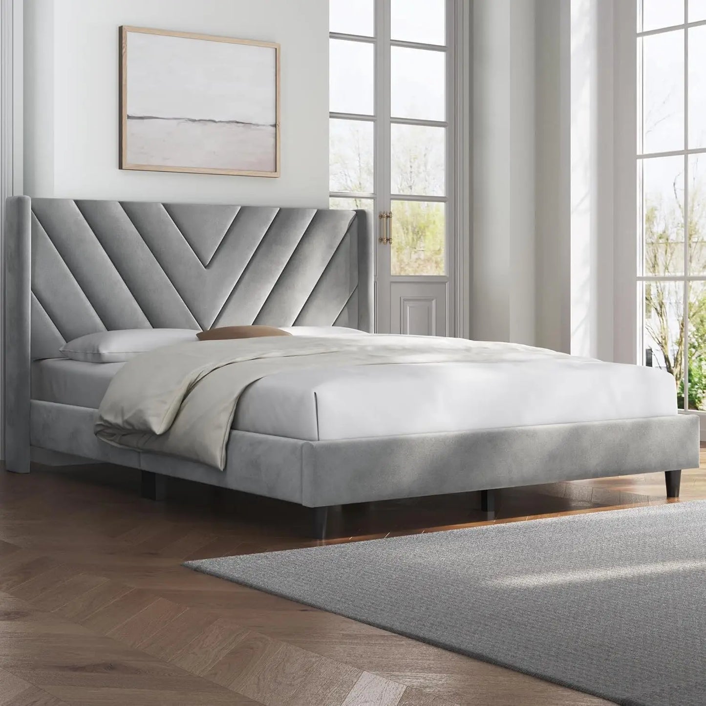 Queen Upholstered Platform Bed with Tufted Headboard & Wooden Slats