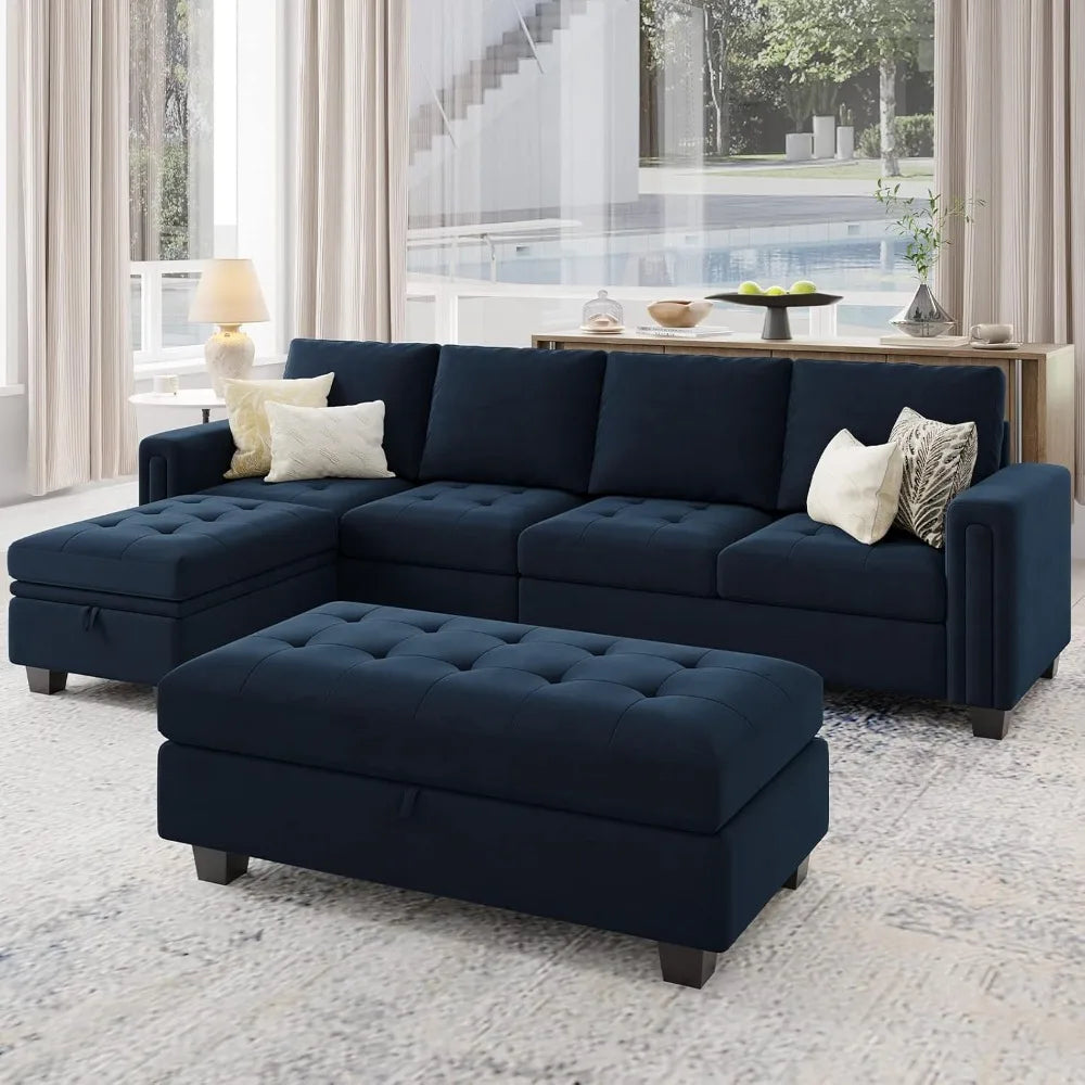 Velvet Convertible Sectional Sofa with Chaise & Ottoman – Blue