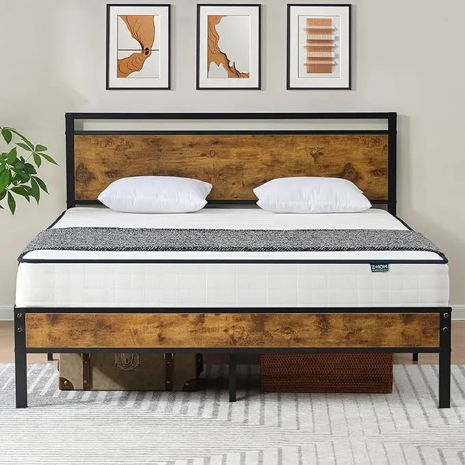Z-hom King Size Metal Bed Frame with Wood Headboard