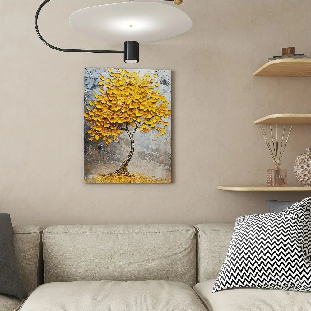 Frameless Gold Abstract Tree Mural on Pine Wood Frame