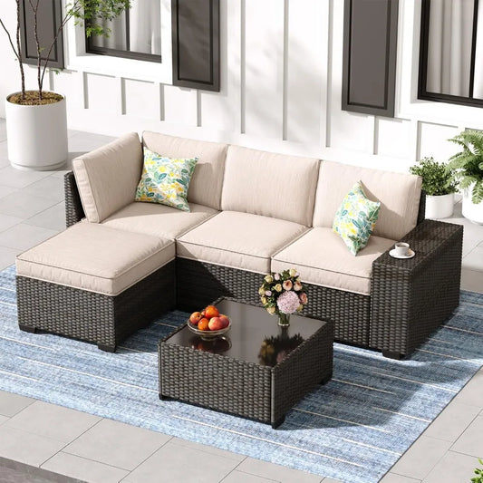 5-Piece Outdoor Wicker Patio Set with Cushions & Glass Table
