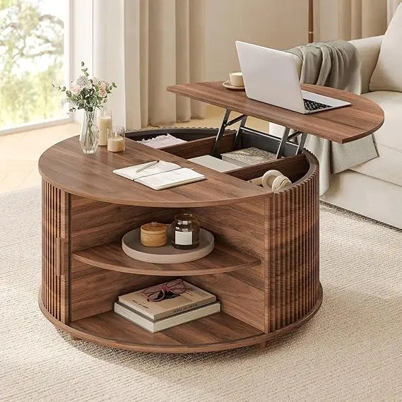 Modern Round Lift-Top Coffee Table with Sliding Door, 34.6"
