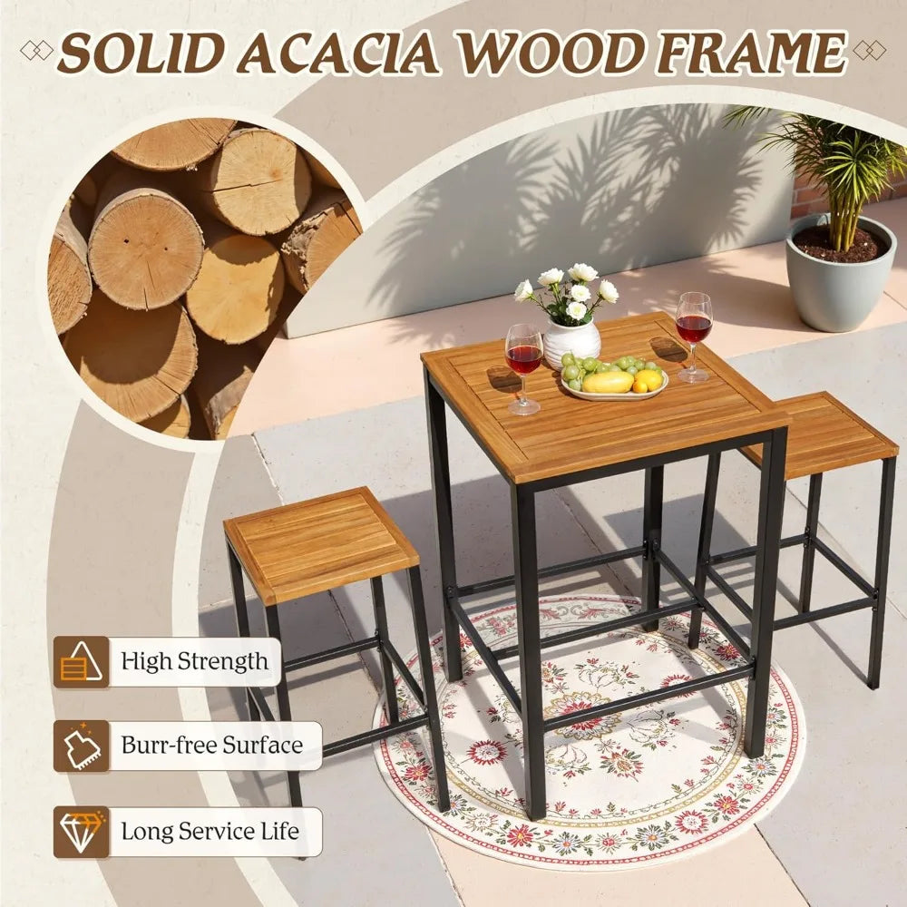 Acacia Wood Outdoor Bar Set for 2 – Table & Stools