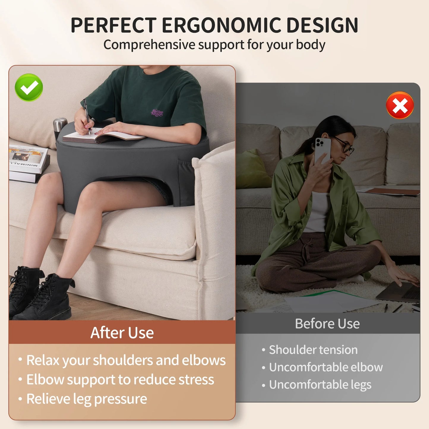 Ergonomic Laptop & Reading Pillow – Memory Foam Armrest (Grey)