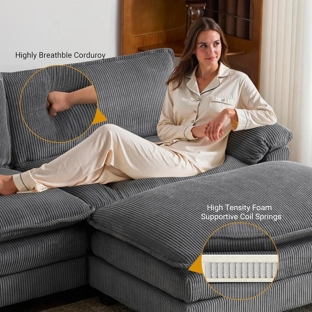 Modern Corduroy Sectional Sofa with Ottoman