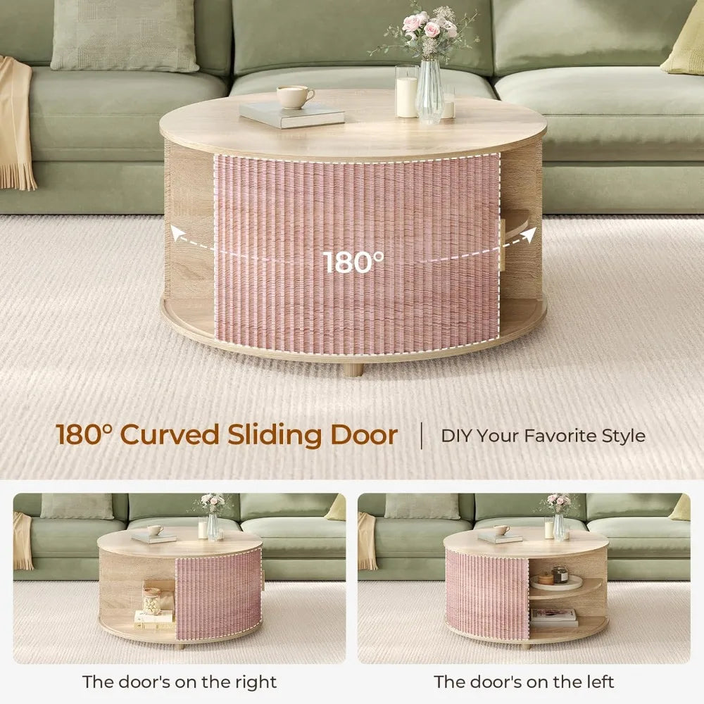 Modern Round Lift-Top Coffee Table with Sliding Door, 34.6"